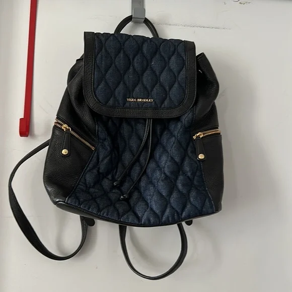 Vera Bradley Amy Quilted Backpack in Denim & Black Leather
